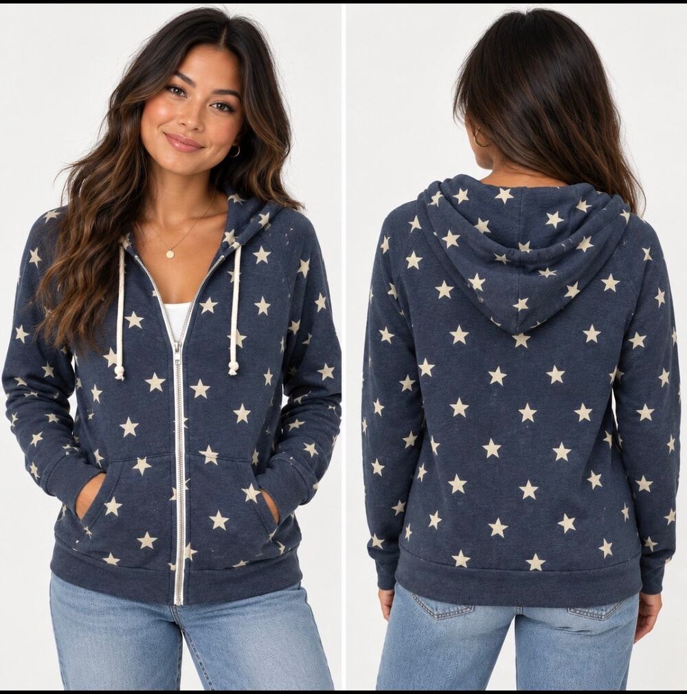 Alternative Apparel Star Print Zip Hoodie Womens L Navy Fleece Lined Y2K